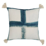 Navy Blue and White Hand Dyed Cross Motif with Tassels Square Scatter Cushion from Bali, Indonesia - FRONT