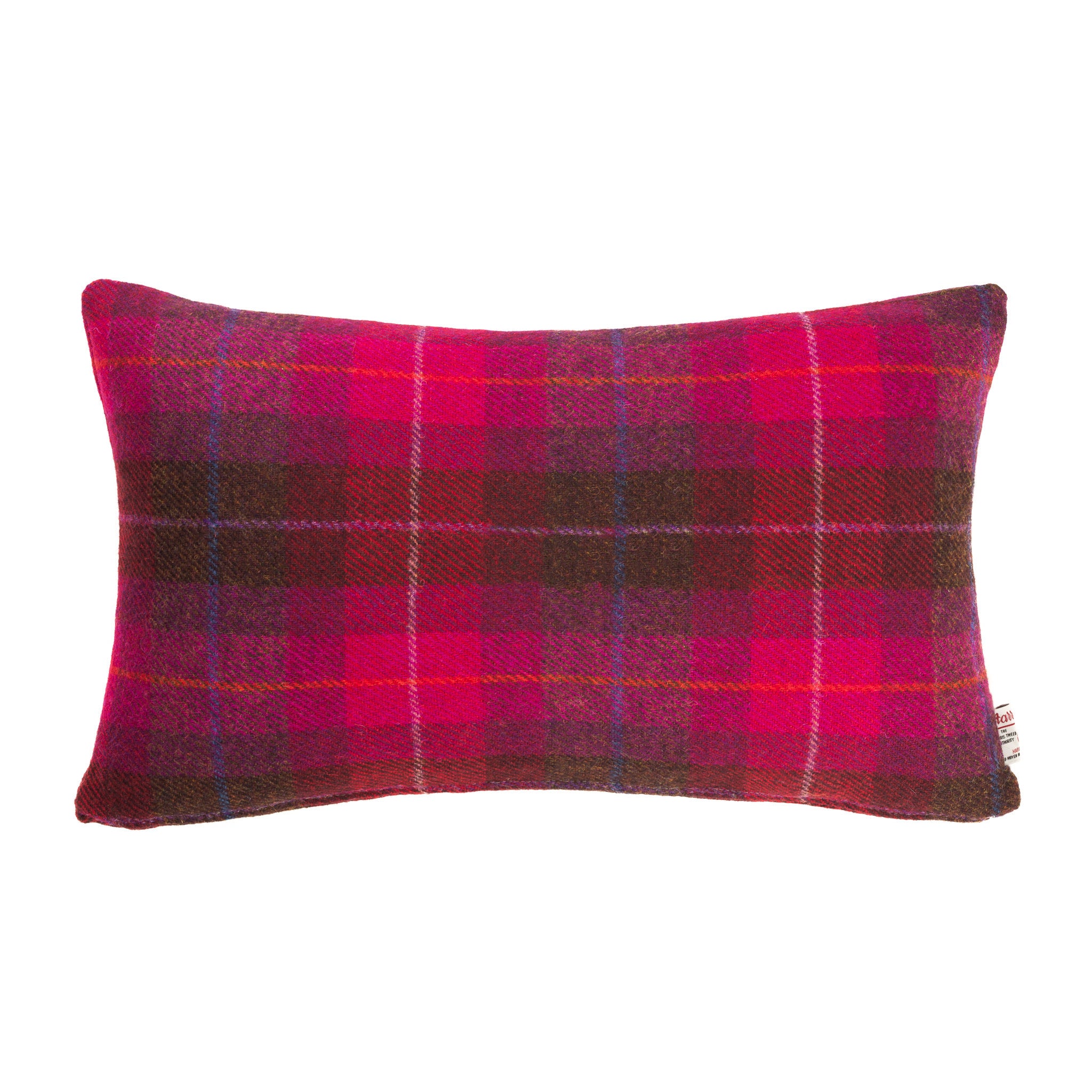 Burgundy Red and Pink Checked Harris Tweed Rectangle Scatter Cushion from the Outer Hebrides - FRONT