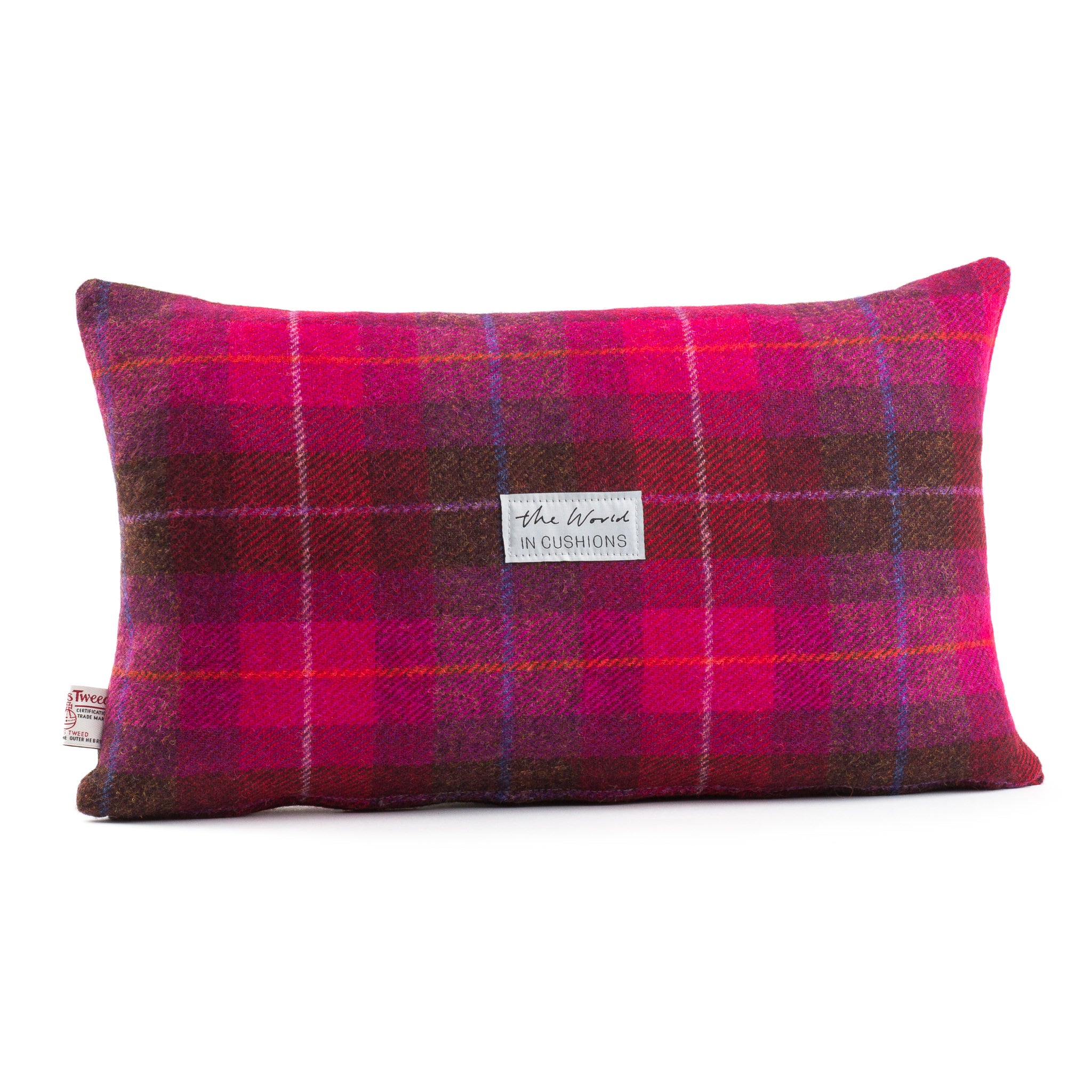 Burgundy Red and Pink Checked Harris Tweed Rectangle Scatter Cushion from the Outer Hebrides - BACK