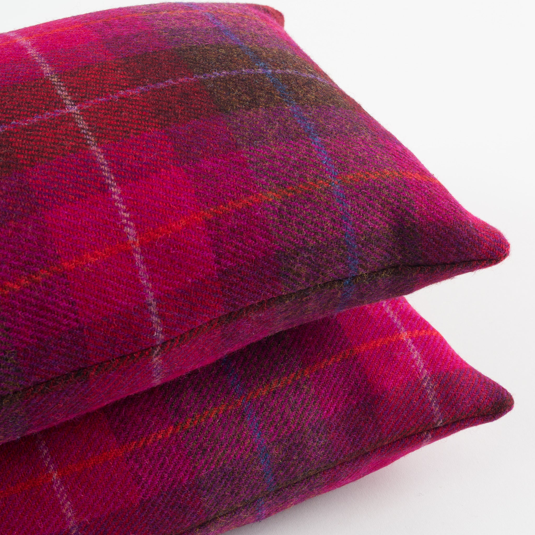 Two Stacked Burgundy Red and Pink Checked Harris Tweed Rectangle Scatter Cushion from the Outer Hebrides