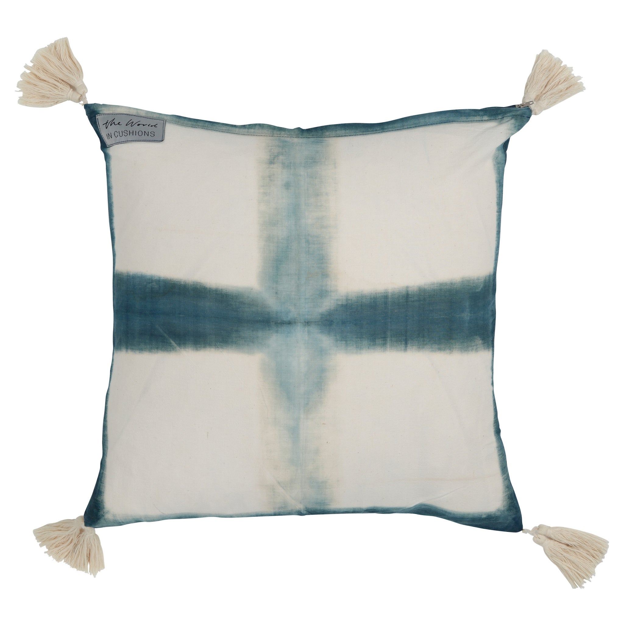 Navy Blue and White Hand Dyed Cross Motif with Tassels Square Scatter Cushion from Bali, Indonesia - BACK