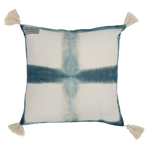 Navy Blue and White Hand Dyed Cross Motif with Tassels Square Scatter Cushion from Bali, Indonesia - BACK