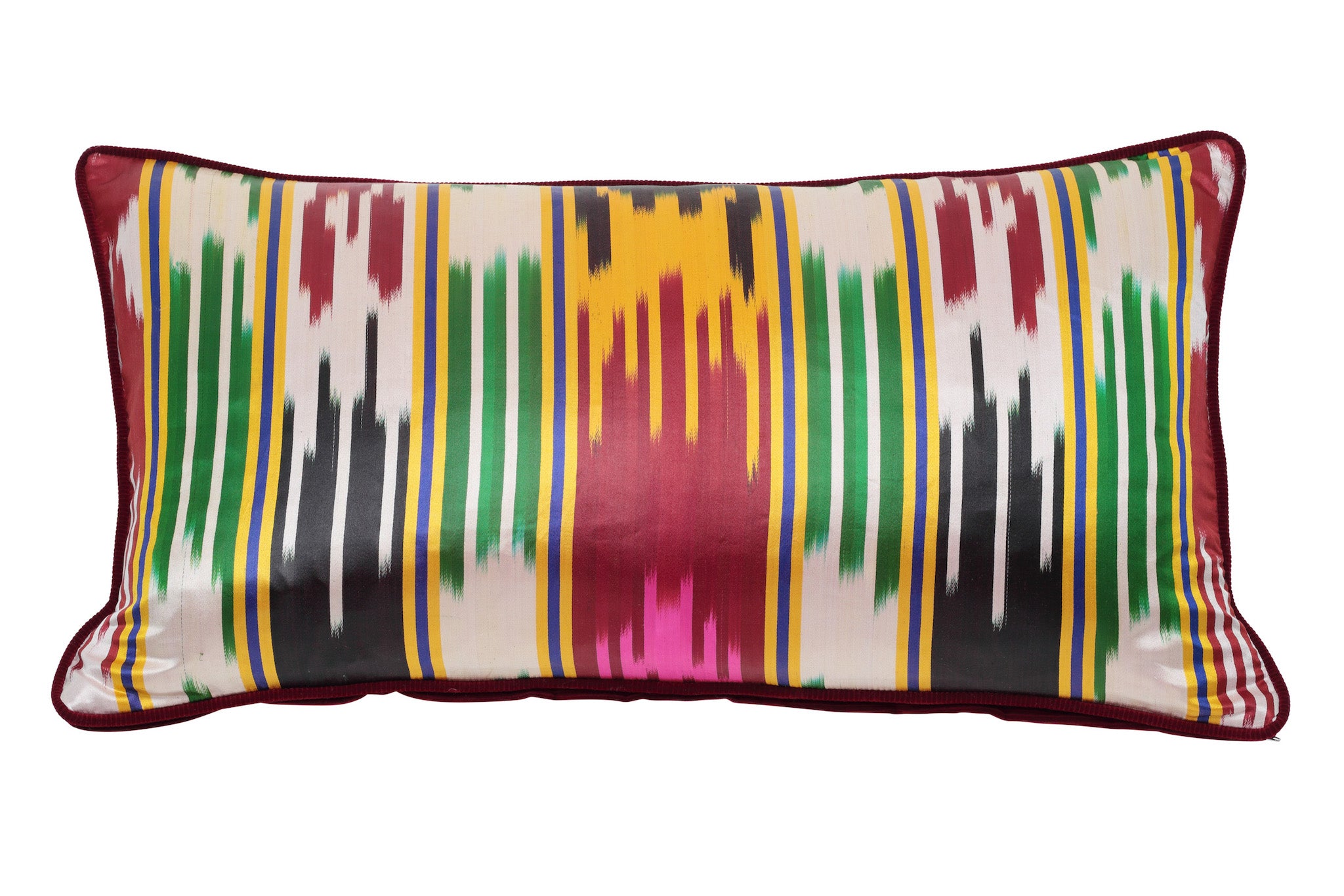 Burgundy Red, Green, Pink, White and Gold Patterned Silk Ikat Scatter Rectangle Cushion from Uzbekistan - FRONT