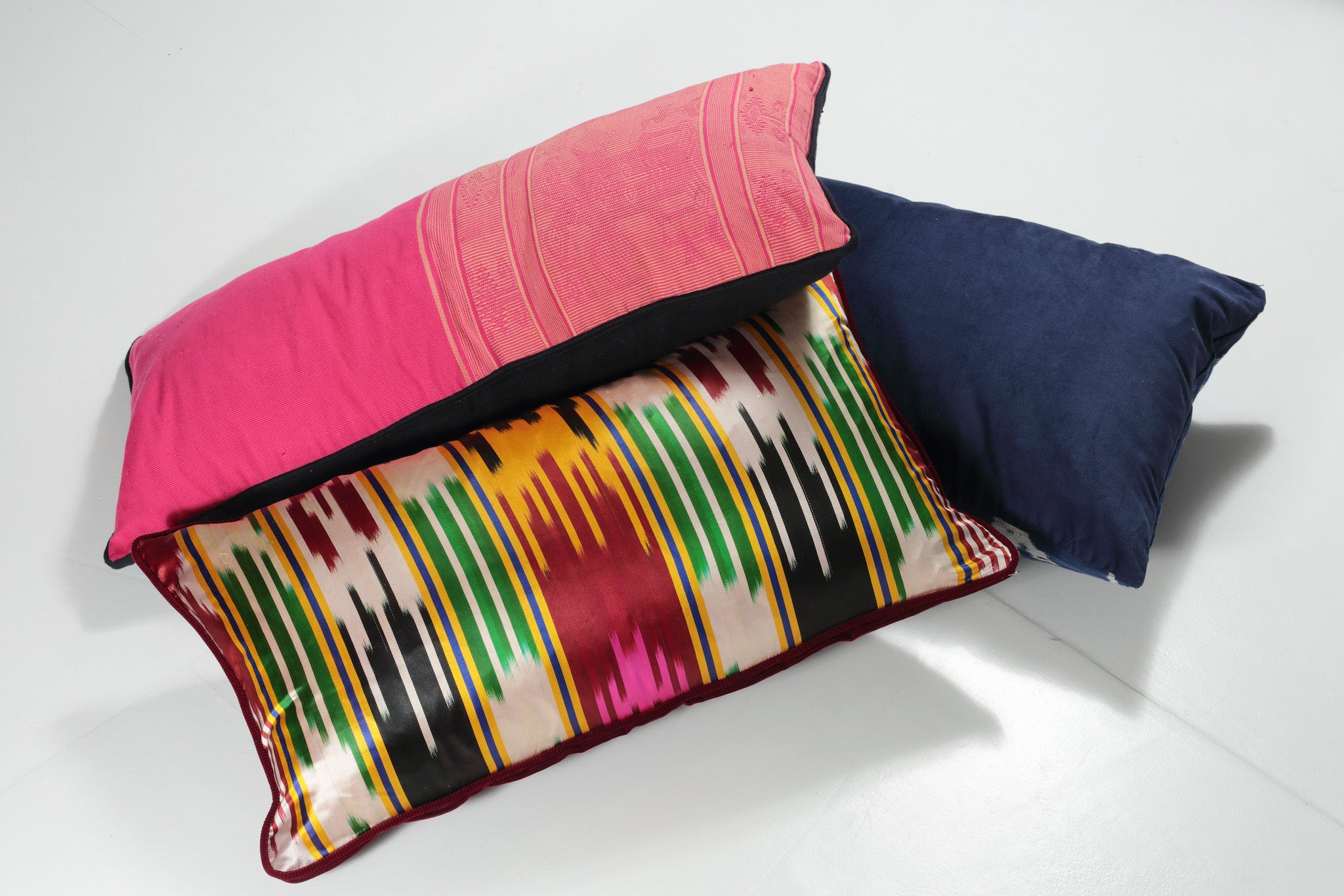 Pink, Burgundy Red and Navy Blue Hand Embroidered Ikat Scatter Rectangle Cushions