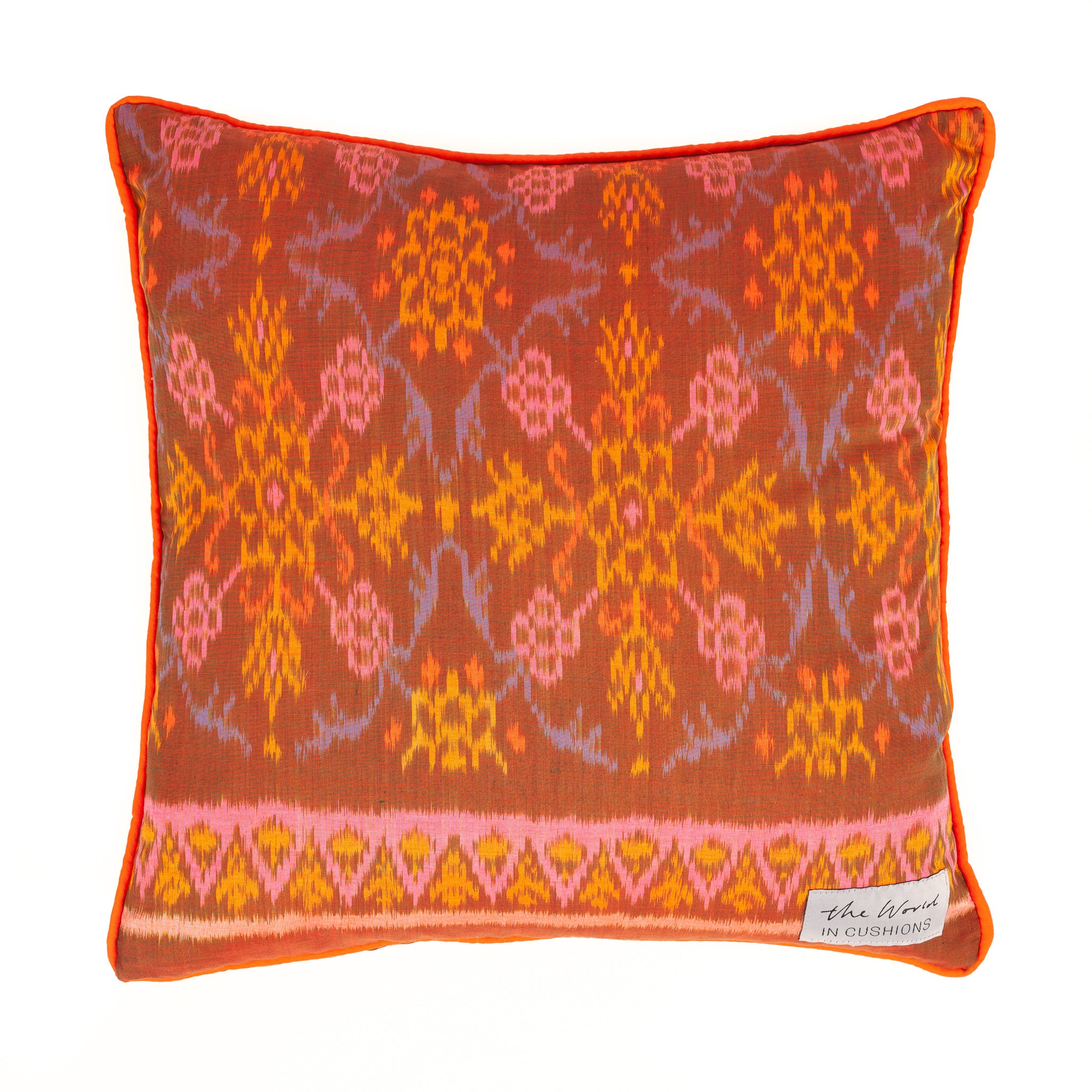 Orange, Pink and Pale Blue Ikat Square Scatter Cushion from Bali, Indonesia - BACK