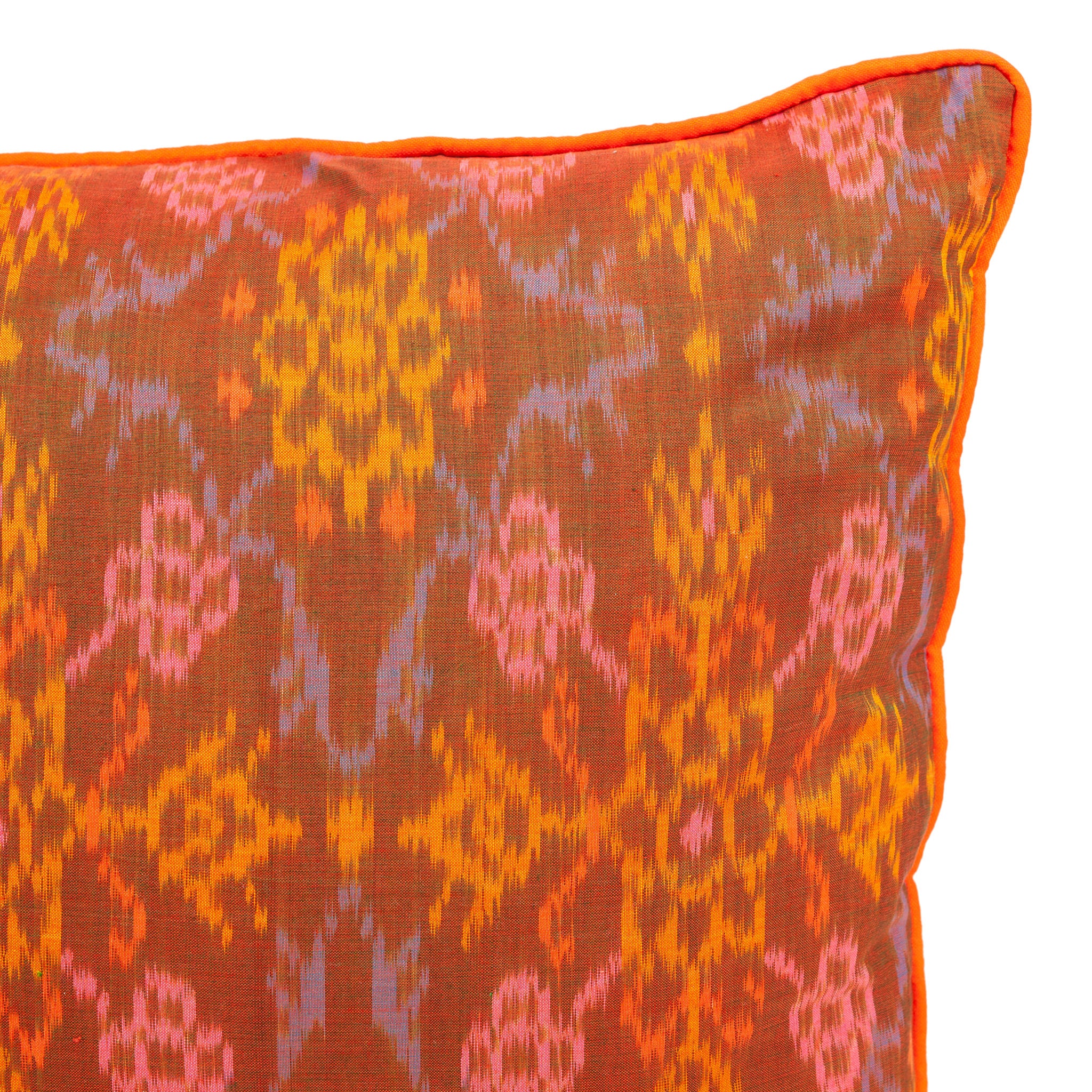 Orange, Pink and Pale Blue Ikat Square Scatter Cushion from Bali, Indonesia - DETAIL