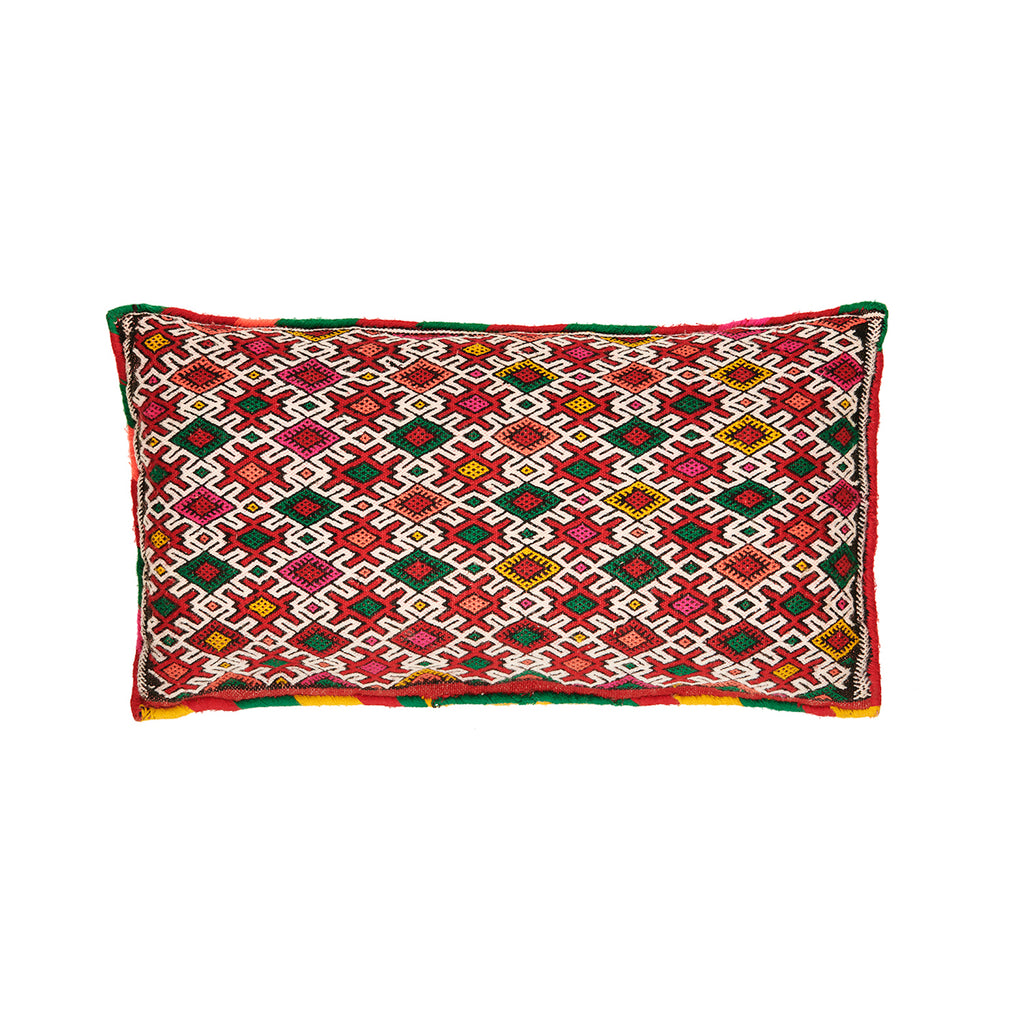 Red, Yellow, Green and White Hand Woven Kilim Scatter Rectangle Cushion from Morocco - FRONT