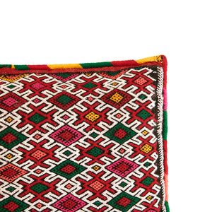 Red, Yellow, Green and White Hand Woven Kilim Scatter Rectangle Cushion from Morocco - DETAIL