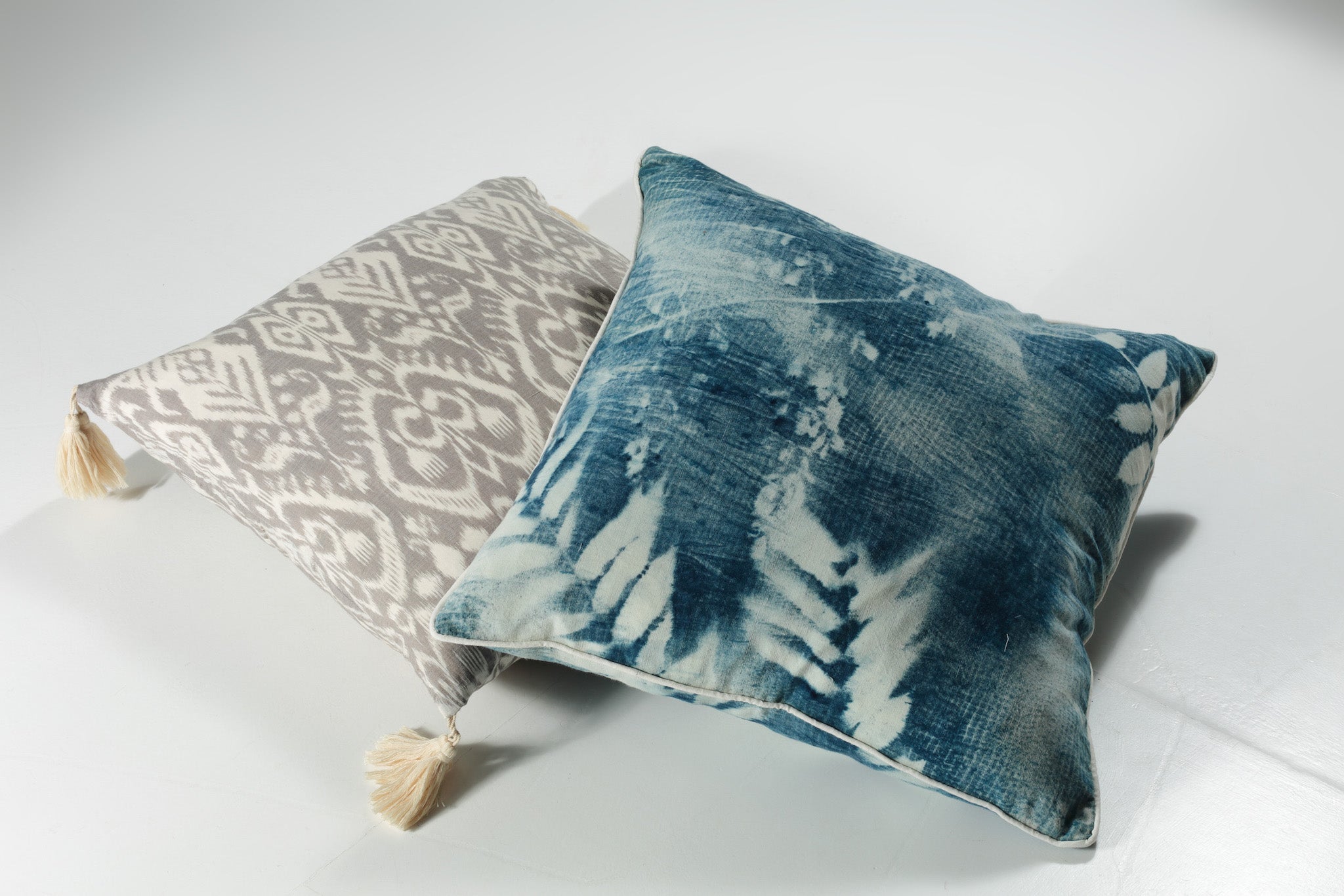 Navy Blue Leaf Pattern and Grey Ikat Square Scatter Cushions from Indonesia