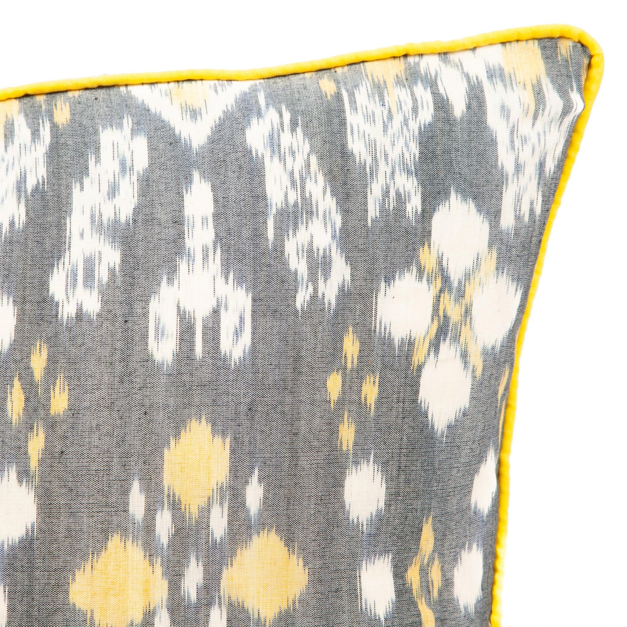 Grey, White and Yellow Ikat Scatter Square Cushion from Bali - DETAIL