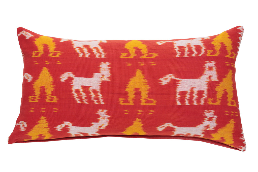 Terracotta Orange and Yellow Ikat Rectangle Scatter Cushion with Horse Motif in White from Bali, Indonesia - FRONT