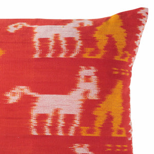 Terracotta Orange and Yellow Ikat Rectangle Scatter Cushion with Horse Motif in White from Bali, Indonesia - DETAIL