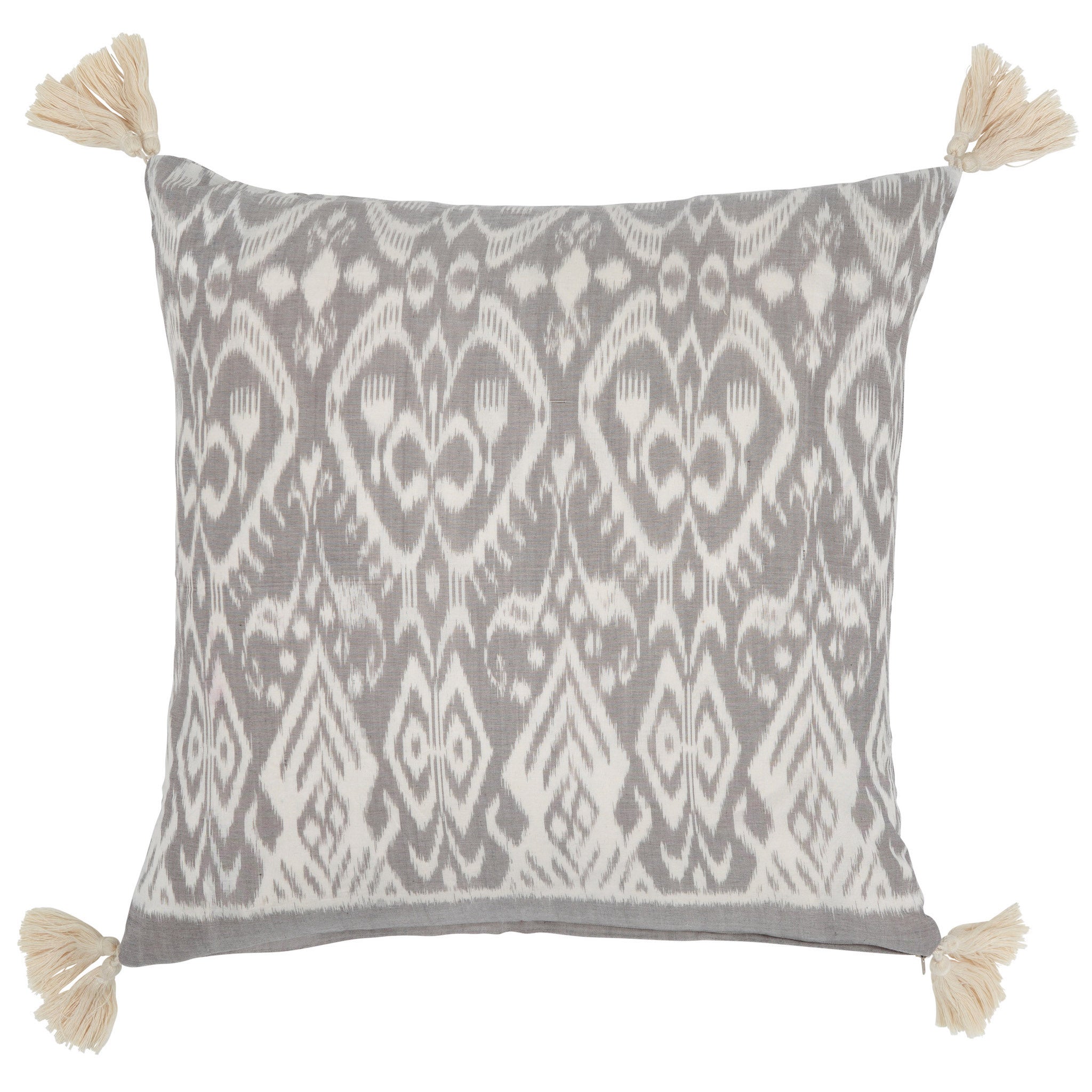 Grey and White Cotton Ikat Square Scatter Cushion with Tassels from Bali, Indonesia - FRONT