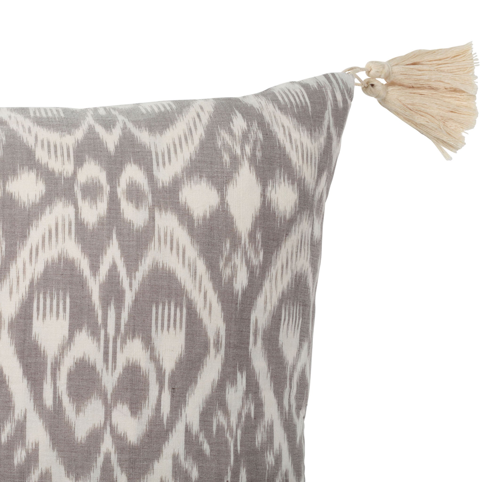 Grey and White Cotton Ikat Square Scatter Cushion with Tassels from Bali, Indonesia - DETAIL