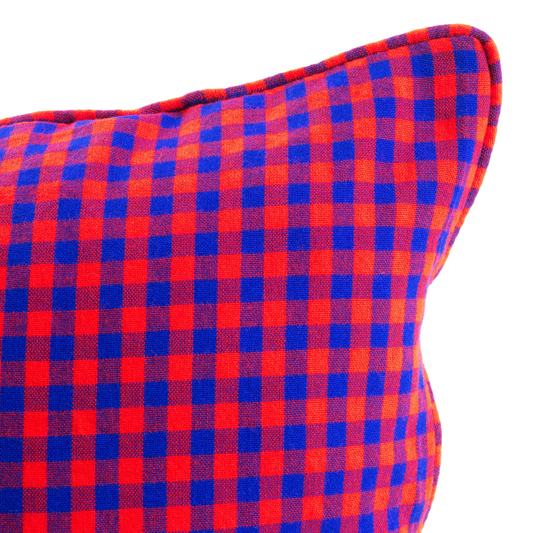 Blue and Red Checked African Maasai Blanket Square Scatter Cushion from Kenya -  DETAIL