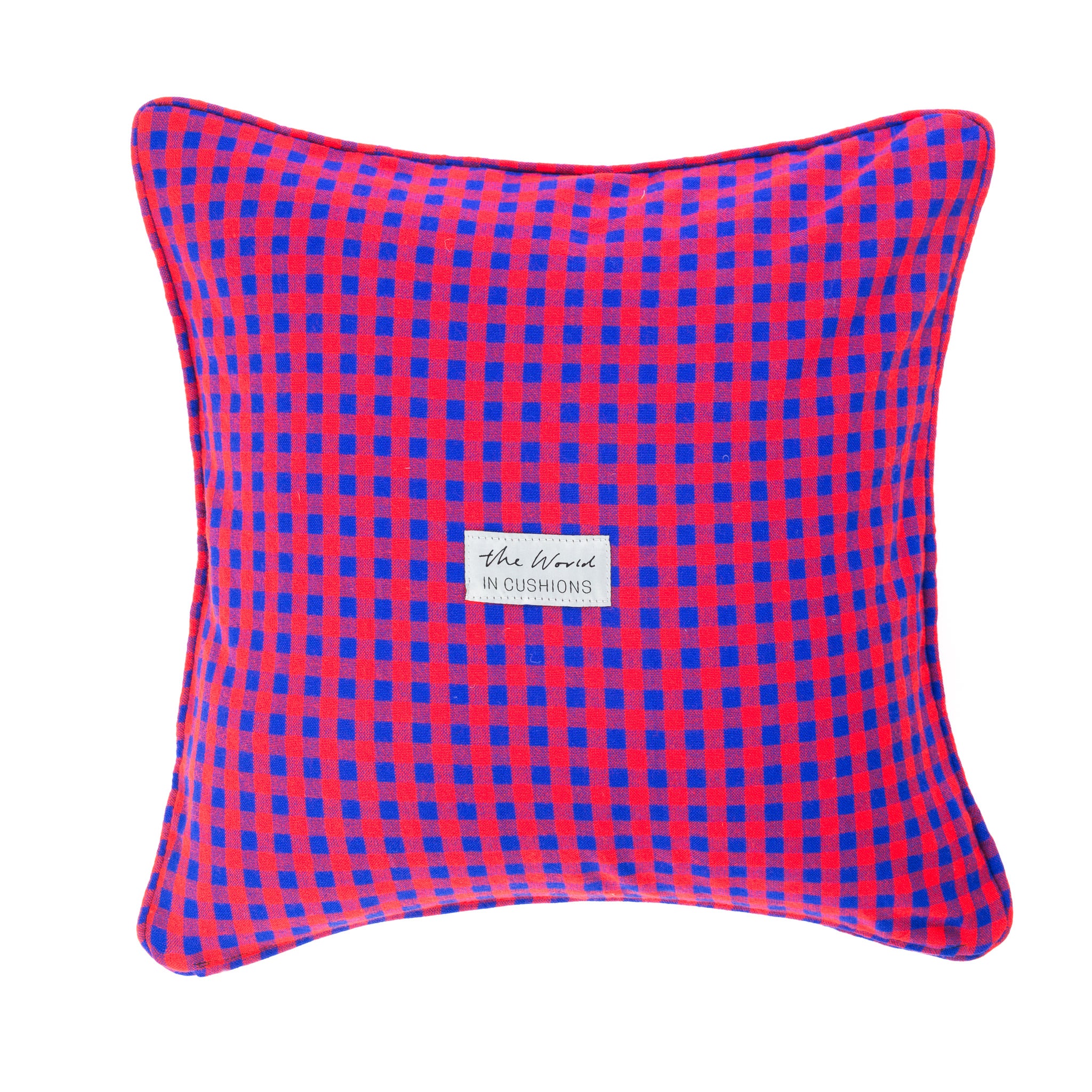 Blue and Red Checked African Maasai Blanket Square Scatter Cushion from Kenya -  BACK