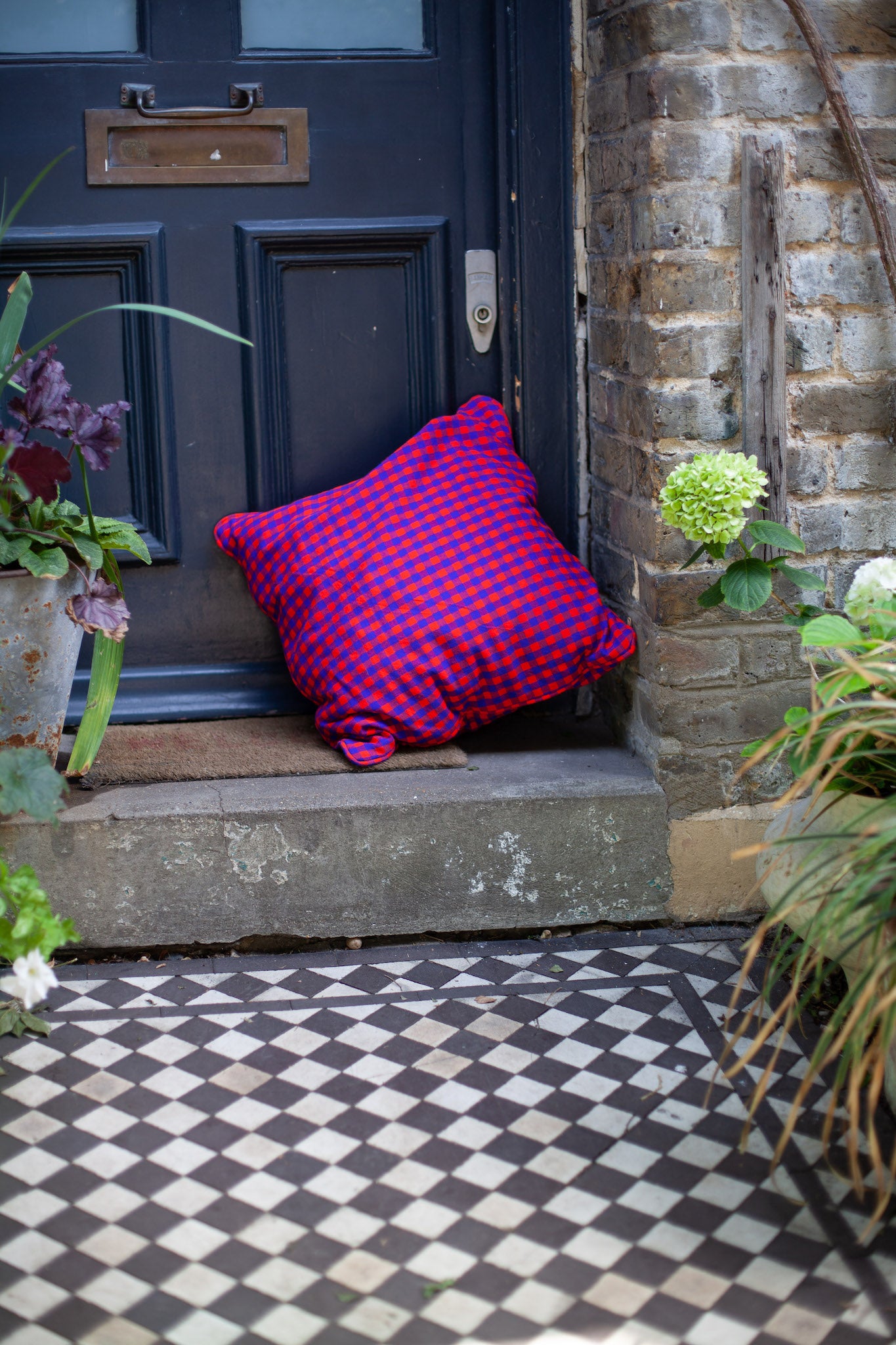 Red and Blue Checked Square Scatter Cushion in a Doorstep with Plants in London