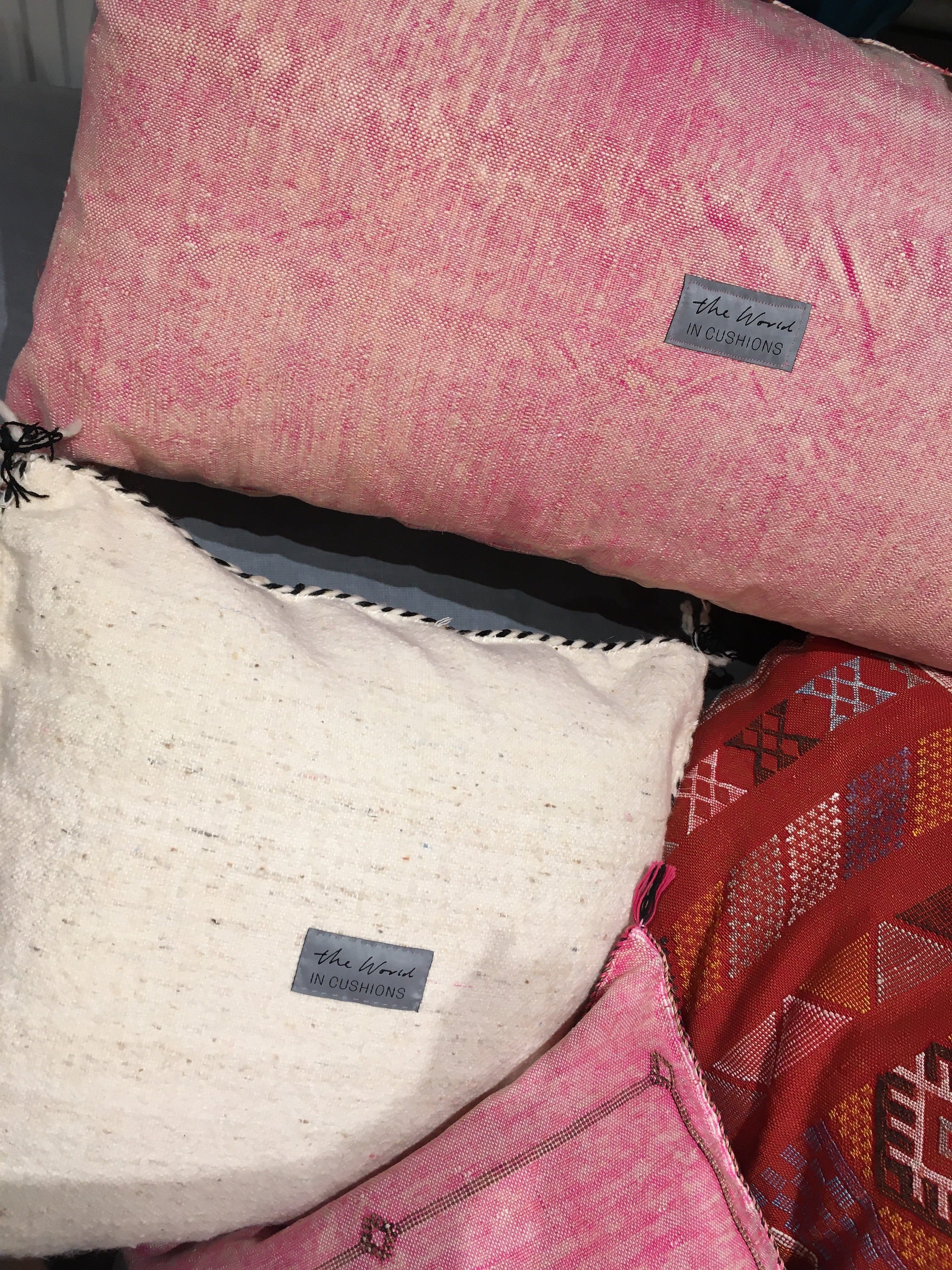 Pink, Cream and Red Large Cactus Silk Moroccan Rectangle Floor Cushions