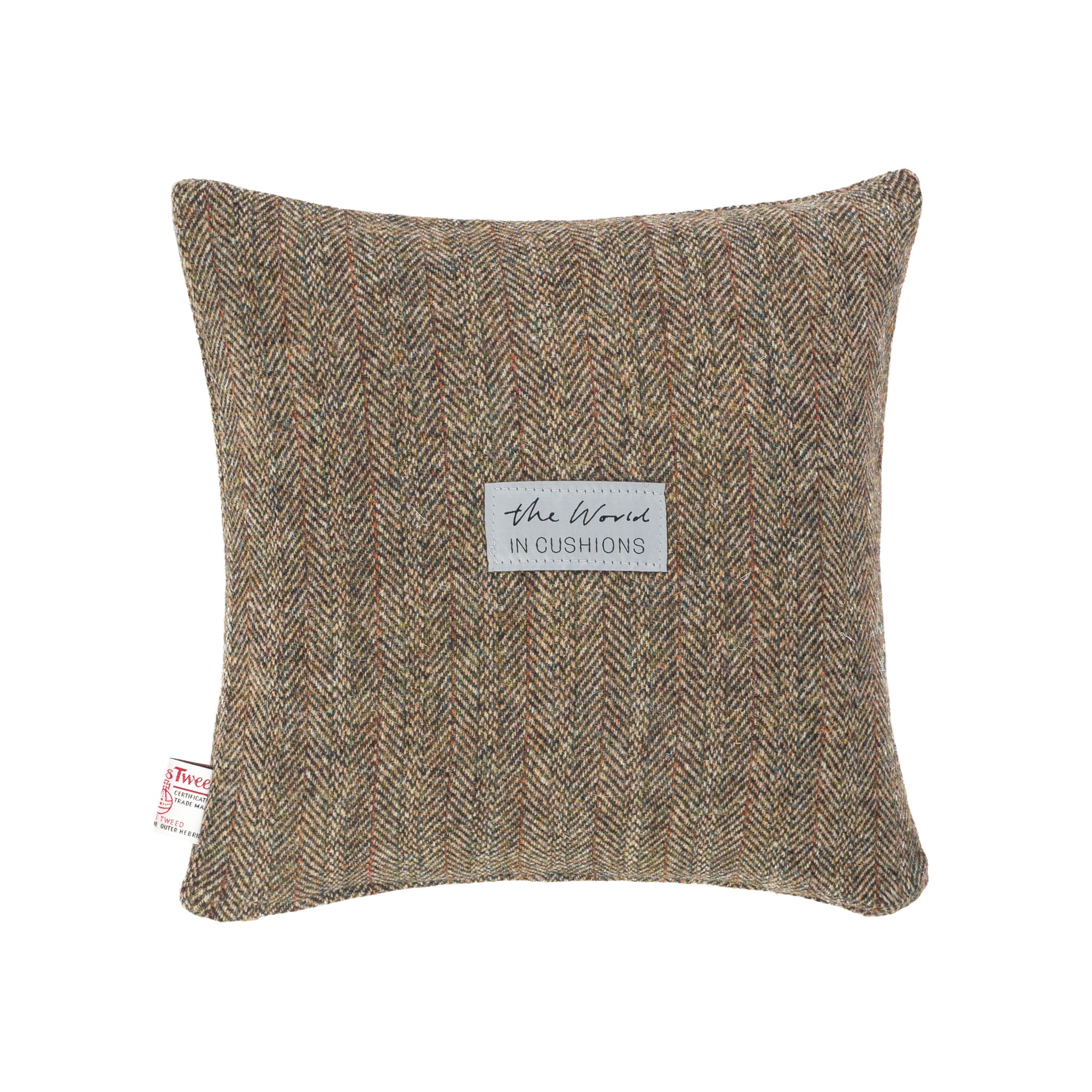 Harris Tweed/Pure Wool/Outer Hebrides/Brown/Herringbone/Red Detail/Scatter/Cushion/Back