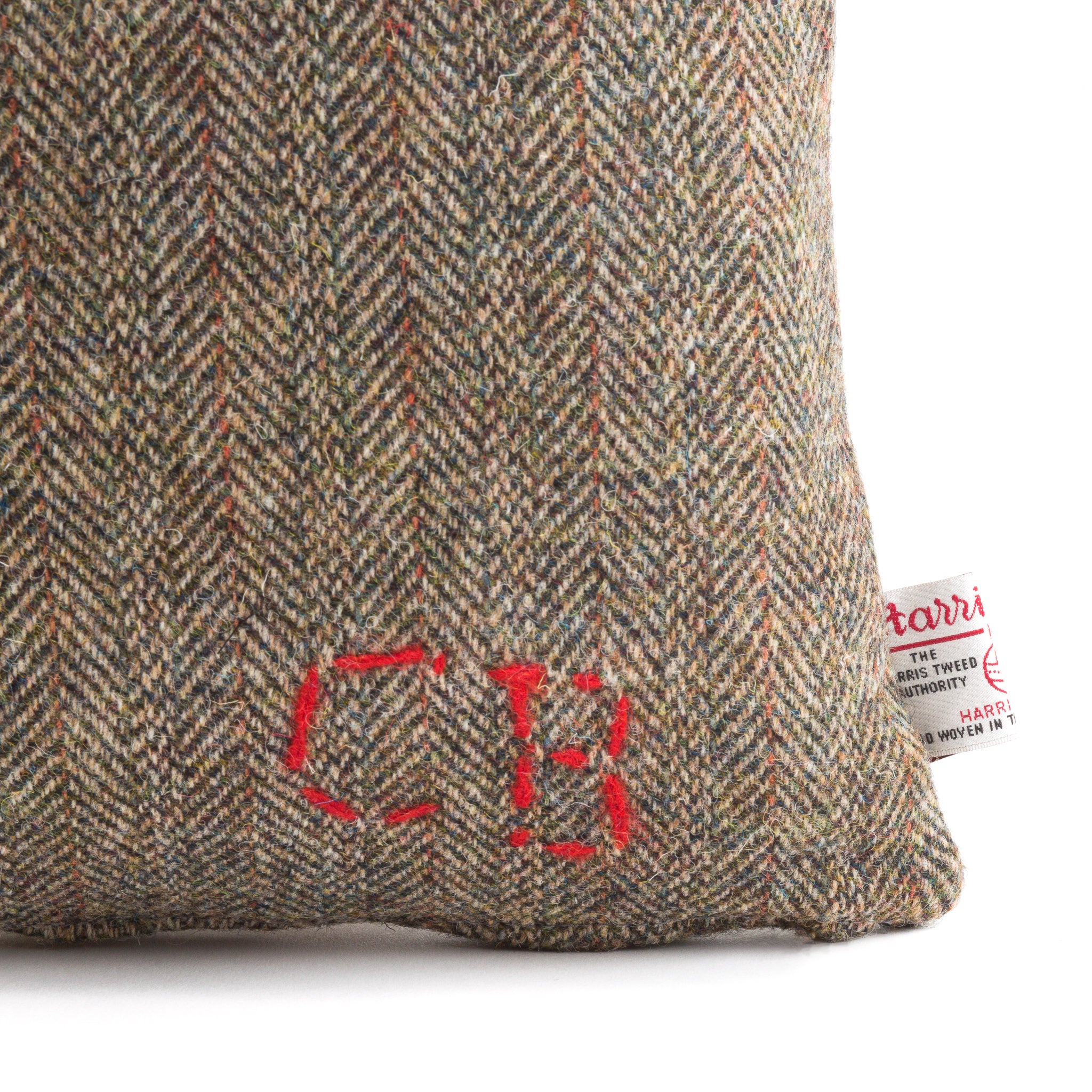 Harris Tweed/Pure Wool/Outer Hebrides/Brown/Herringbone/Red Detail/Scatter/Cushion/Detail/