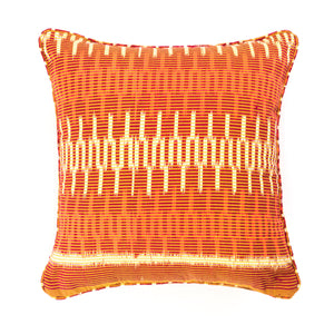 Orange and Cream Patterned Ikat Square Scatter Cushion from Bali, Indonesia- FRONT