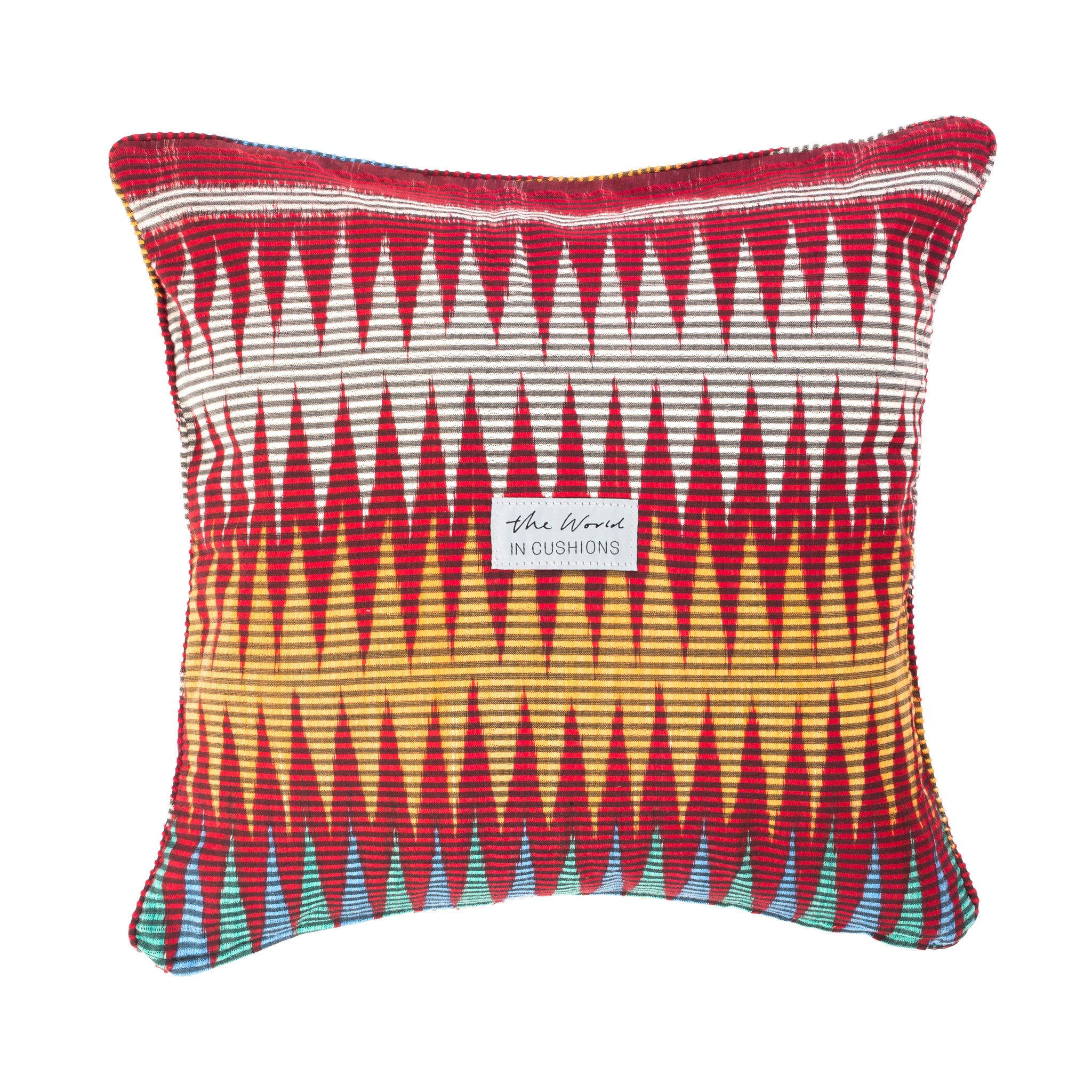 Burgundy Red, White and Yellow Patterned Square Scatter Ikat Cushion from Bali - BACK