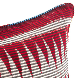 Burgundy Red, White and Yellow Patterned Square Scatter Ikat Cushion from Bali - DETAIL