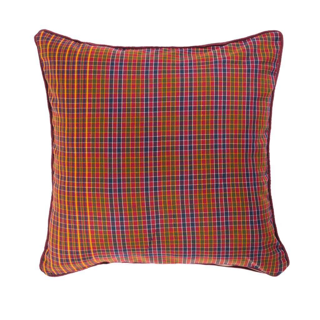 Burgundy Red and Blue Checked Handwoven Square / Scatter Cushion from Bhutan - FRONT