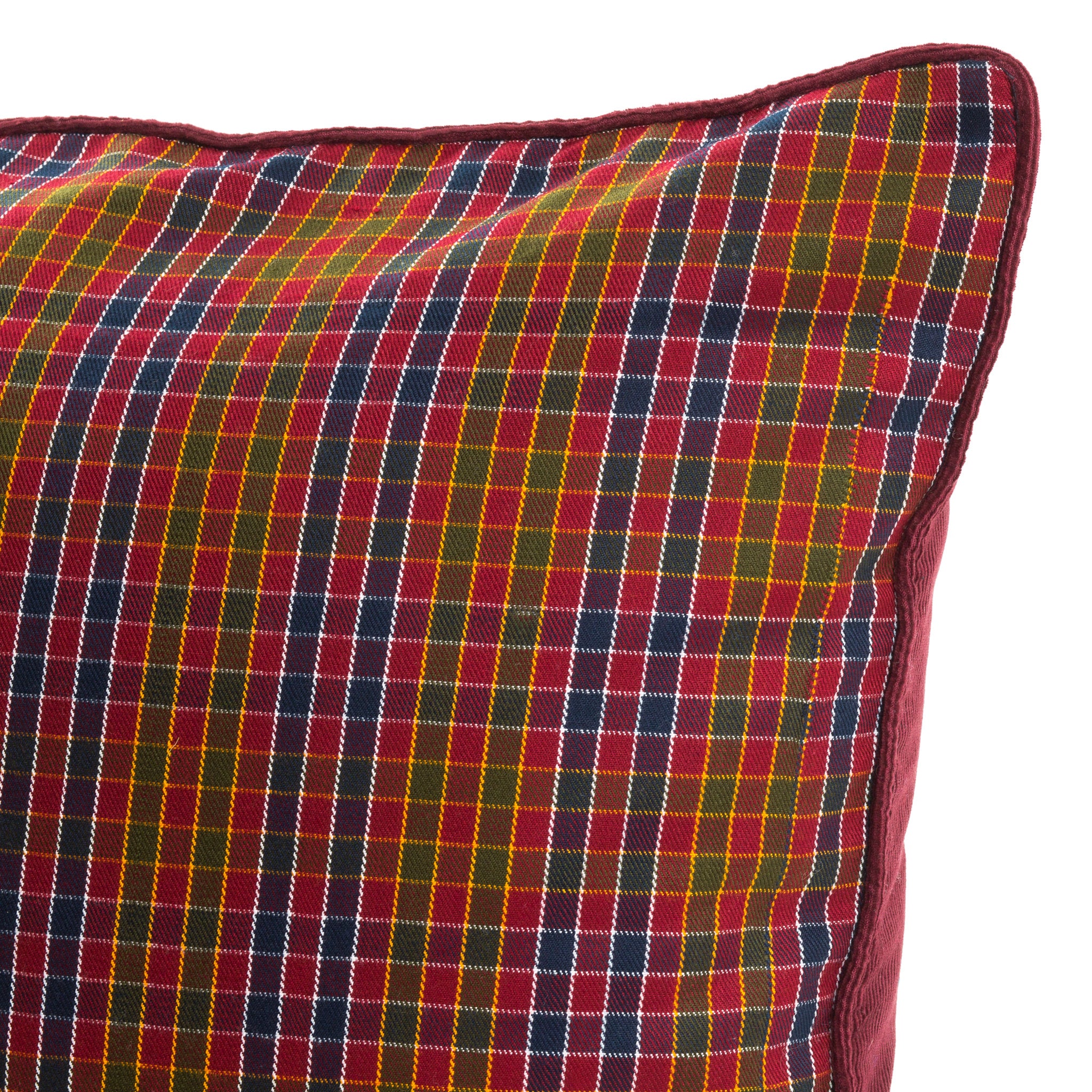 Burgundy Red and Blue Checked Handwoven Square / Scatter Cushion from Bhutan - DETAIL