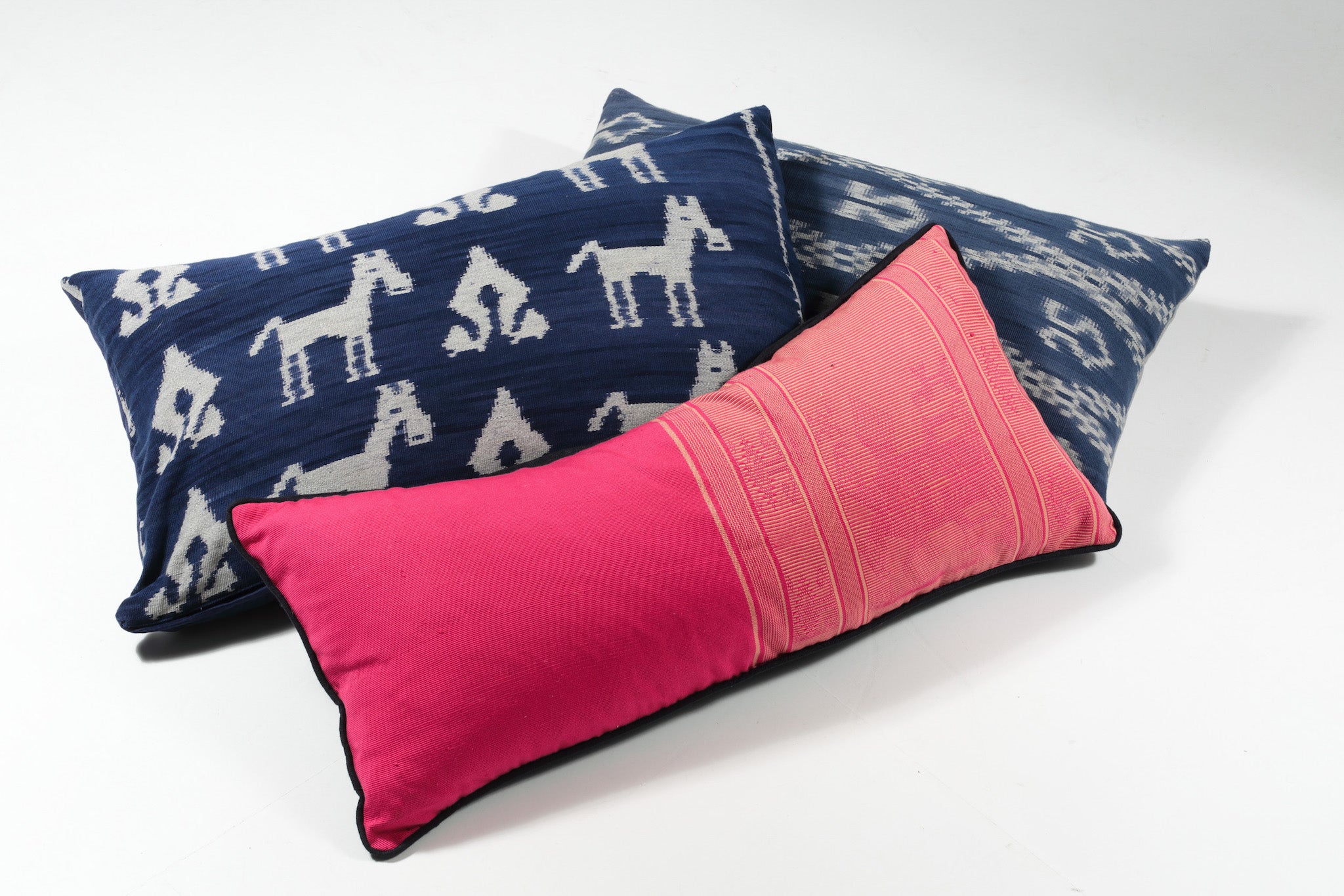 Unique Ikat and Hand Embroidered Scatter Rectangle Cushions in Pink, Navy Blue with Animal Motif