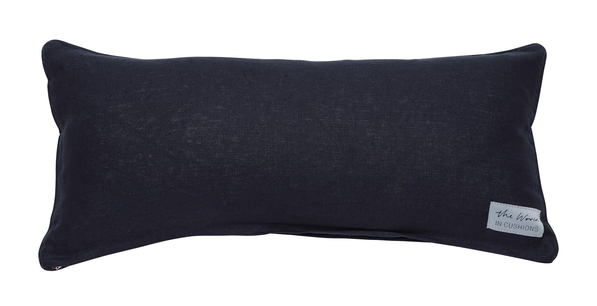 Dark Blue Linen Hand Embroidered Scatter Rectangle Cushion - BACK