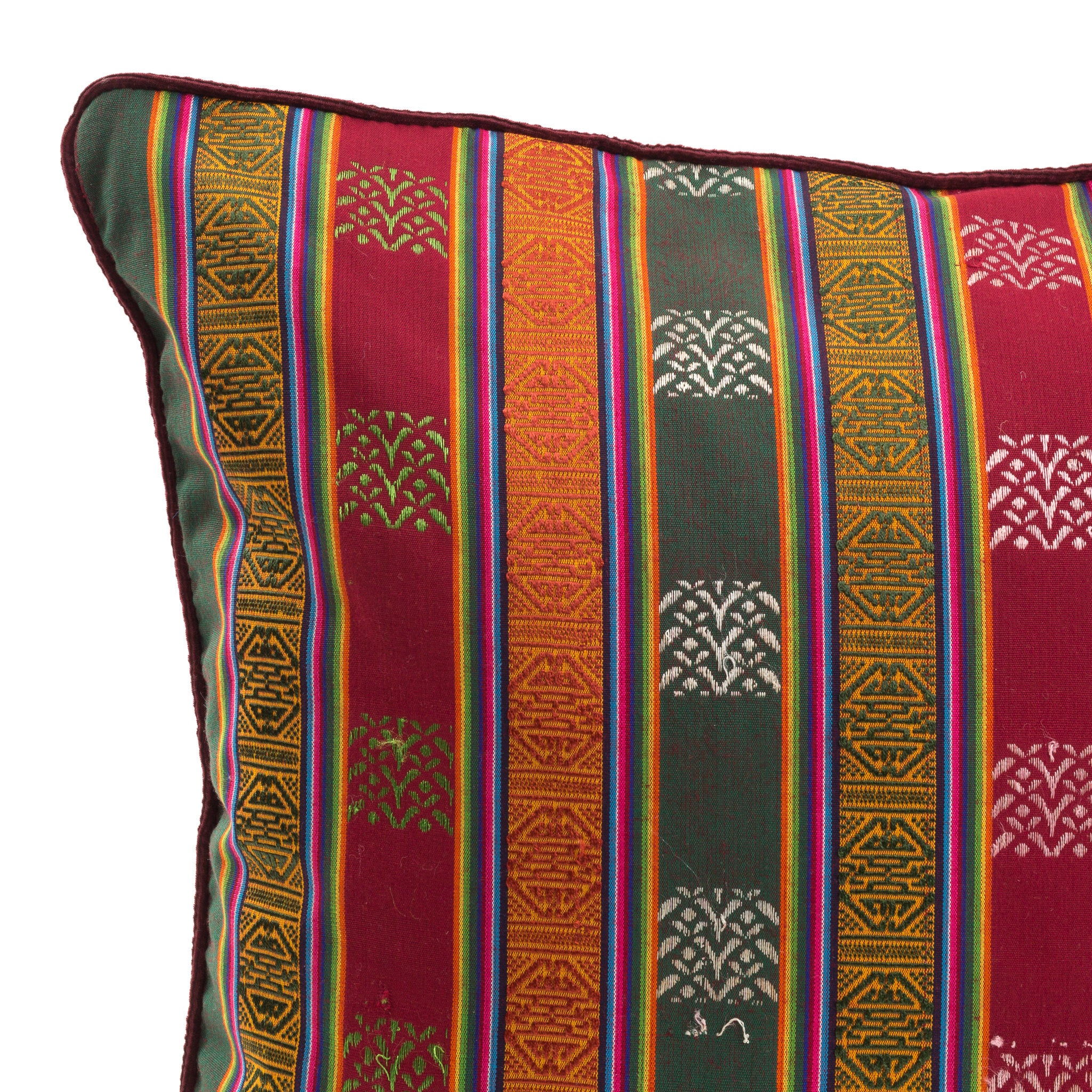 Burgundy Red, Green and Orange Striped Handwoven Scatter Square Cushion from Bhutan - DETAIL