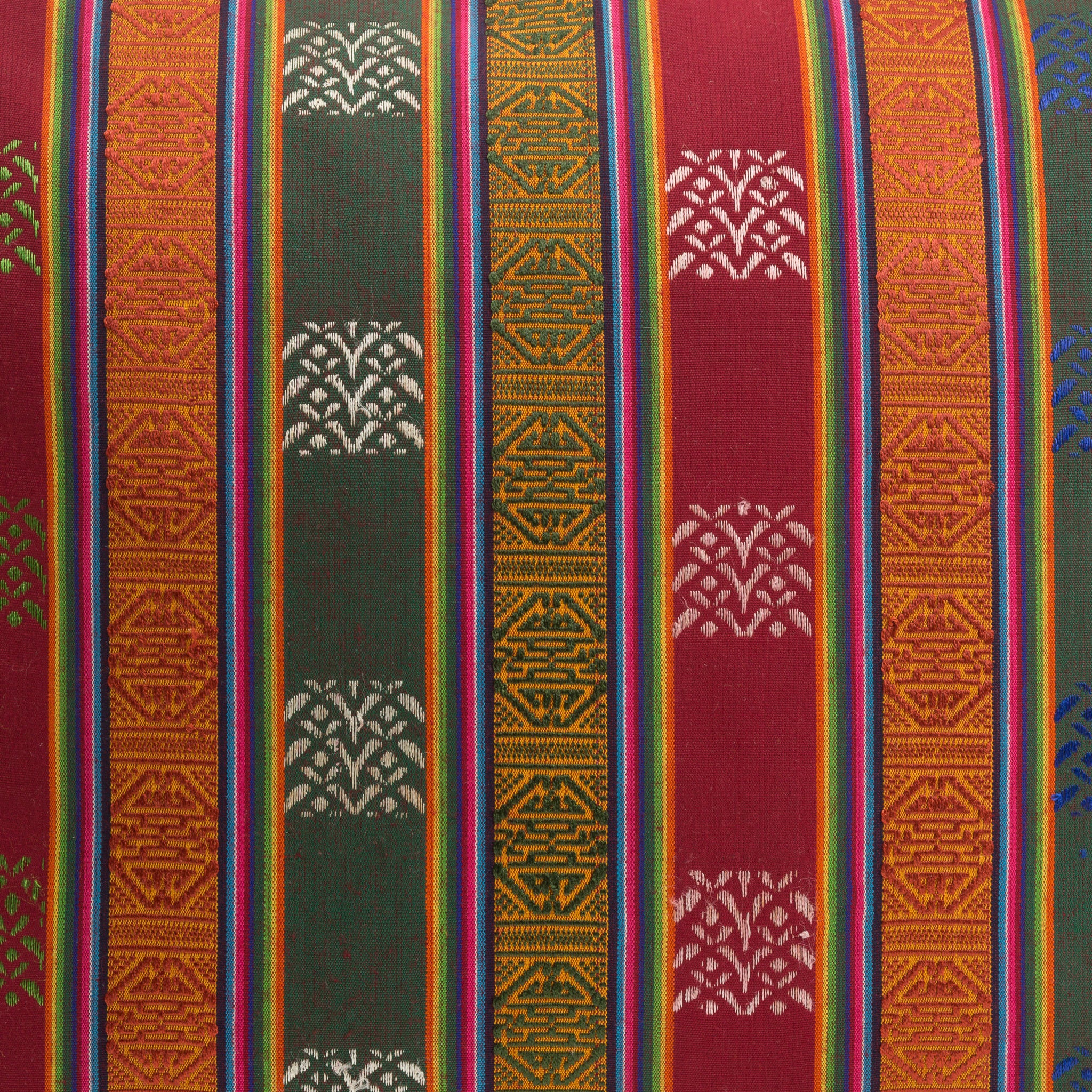 Burgundy Red, Green and Orange Striped Handwoven Scatter Square Cushion from Bhutan - DETAIL