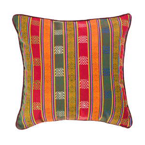 Burgundy Red, Green and Orange Striped Handwoven Scatter Square Cushion from Bhutan - FRONT