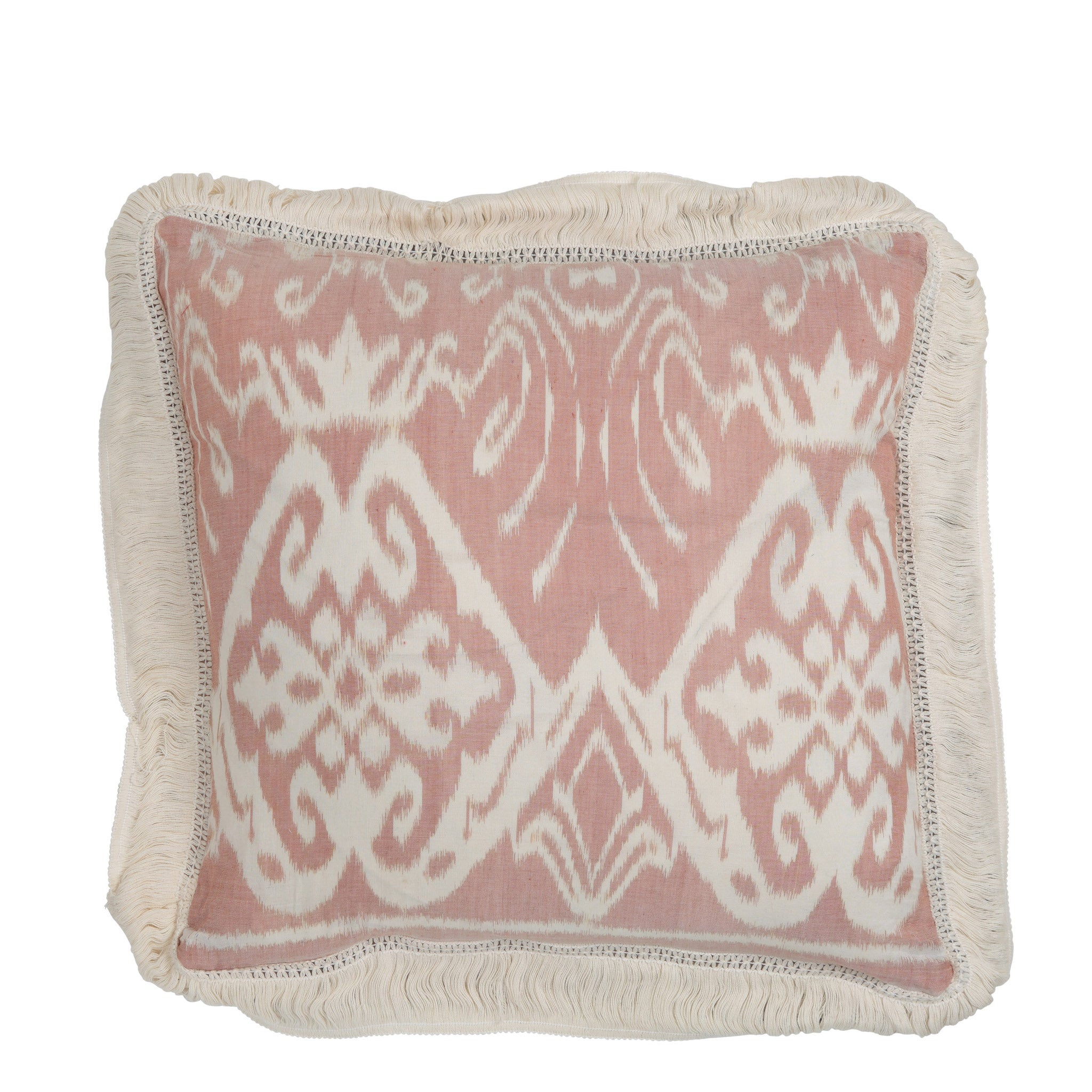 Blush Pink and Cream Square / Scatter Ikat Cushion with Fringe from Bali - FRONT
