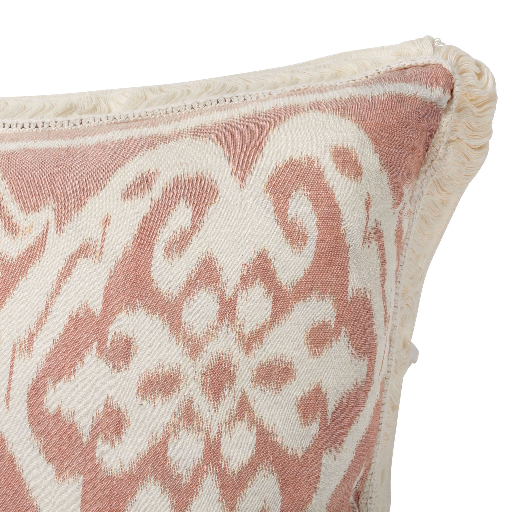 Blush Pink and Cream Square / Scatter Ikat Cushion with Fringe from Bali - DETAIL