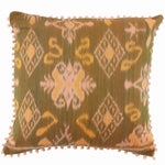 Peach and Olive Green Cotton Ikat Square Scatter Cushion with Pink PomPom Trim from Bali, Indonesia - FRONT