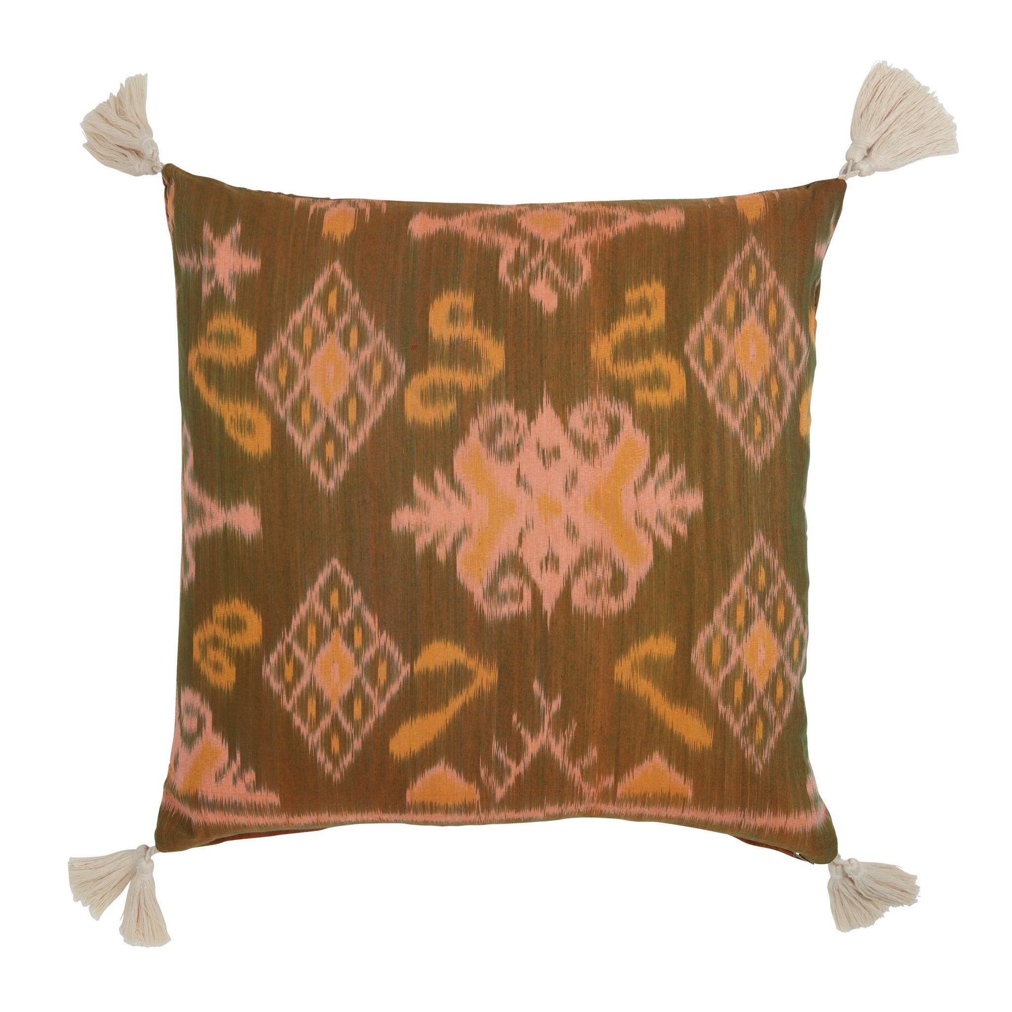 Peach and Olive Green Cotton Ikat Square Scatter Cushion with Tassels from Bali, Indonesia - FRONT