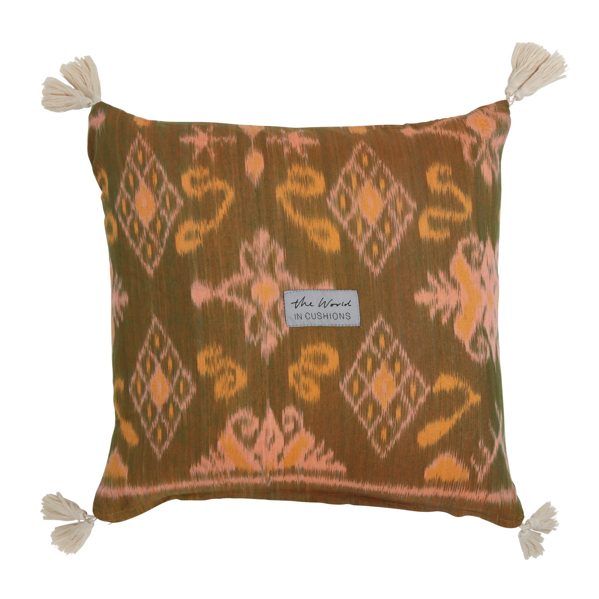 Peach and Olive Green Cotton Ikat Square Scatter Cushion with Tassels from Bali, Indonesia - BACK