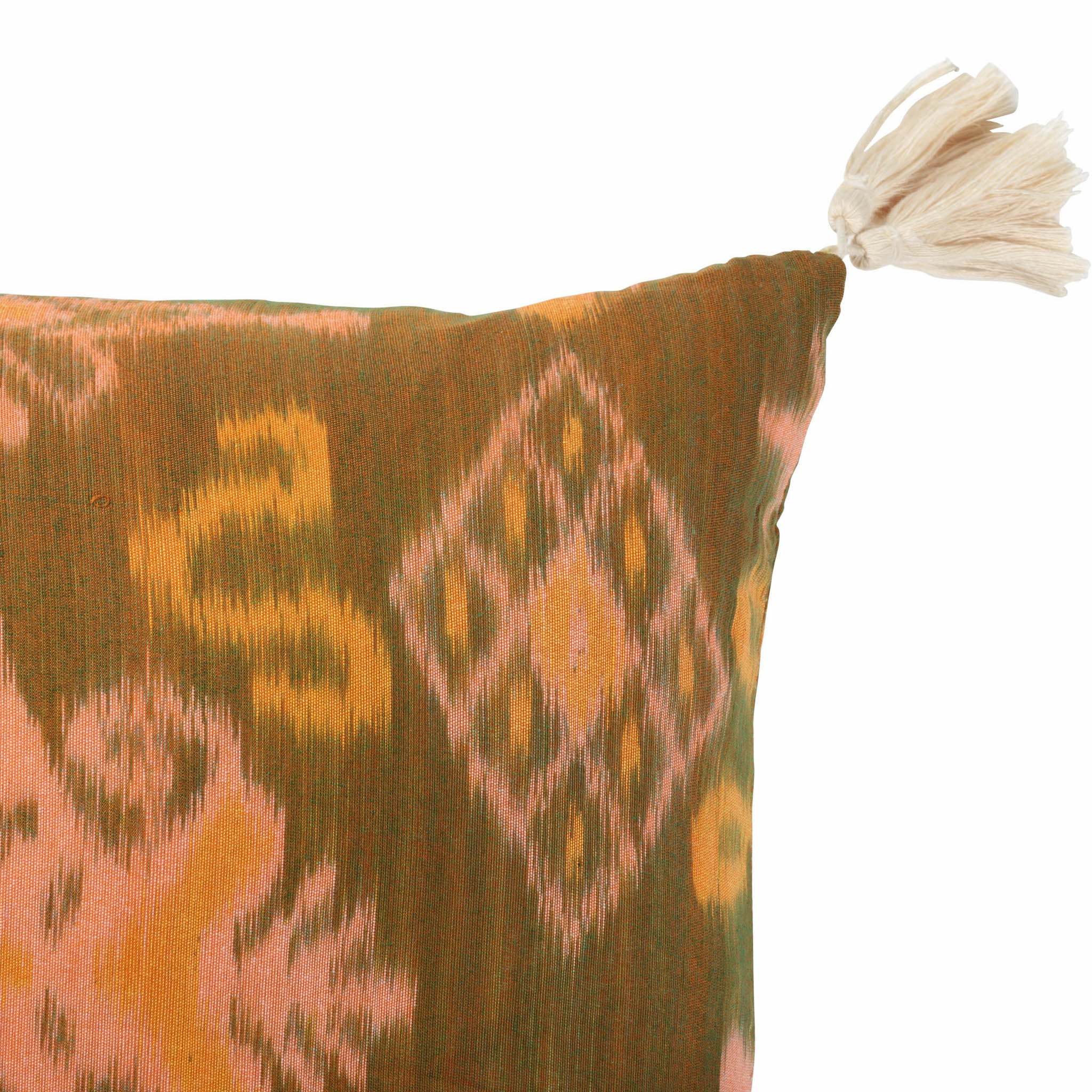 Peach and Olive Green Cotton Ikat Square Scatter Cushion with Tassels from Bali, Indonesia - DETAIL