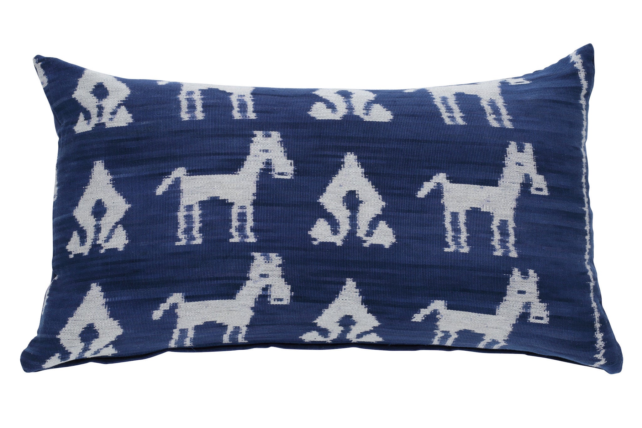 Navy Blue with White Horse and Feminine Symbols Ikat Hand Woven Scatter Rectangle Cushion from Sumba, Indonesia - FRONT