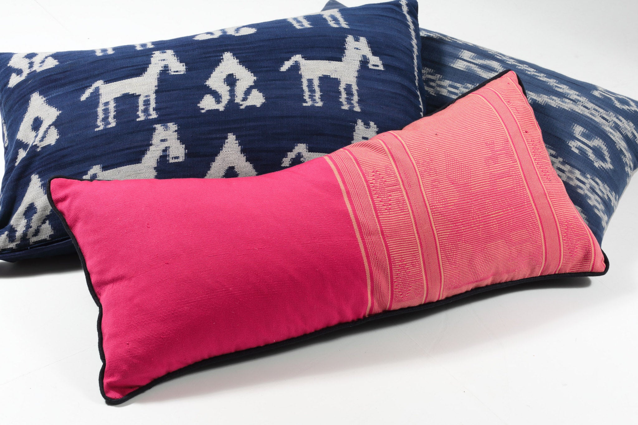 Navy Blue and Pink Hand Embroidered Ikat Scatter Rectangle Cushions