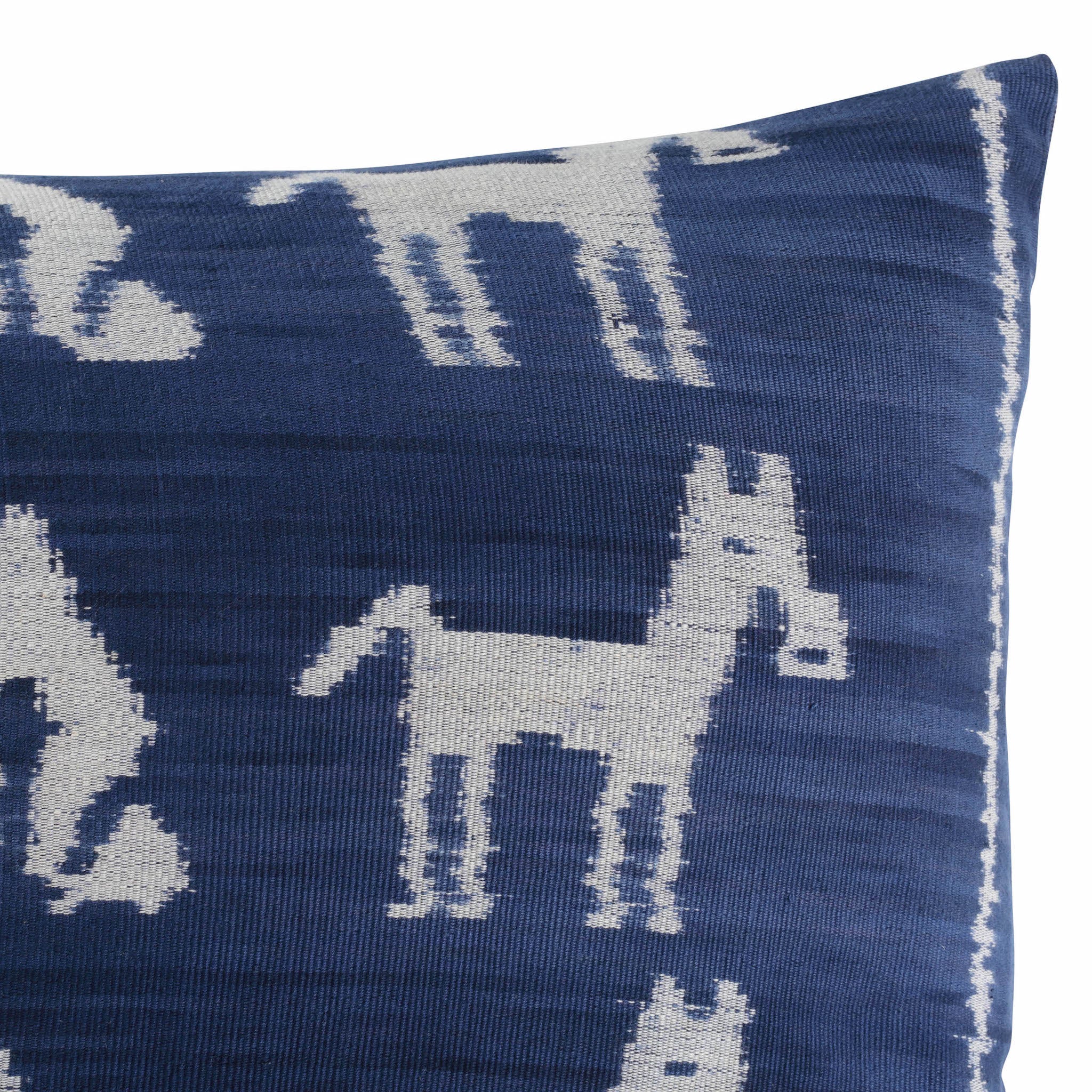 Navy Blue with White Horse and Feminine Symbols Ikat Hand Woven Scatter Rectangle Cushion from Sumba, Indonesia - DETAIL