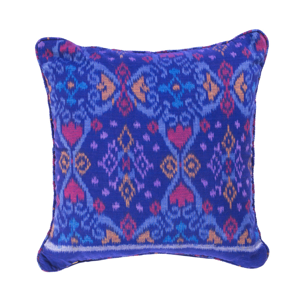 Royal Blue, Purple, Red and Peach Ikat Square Scatter Cushion from Bali, Indonesia - FRONT
