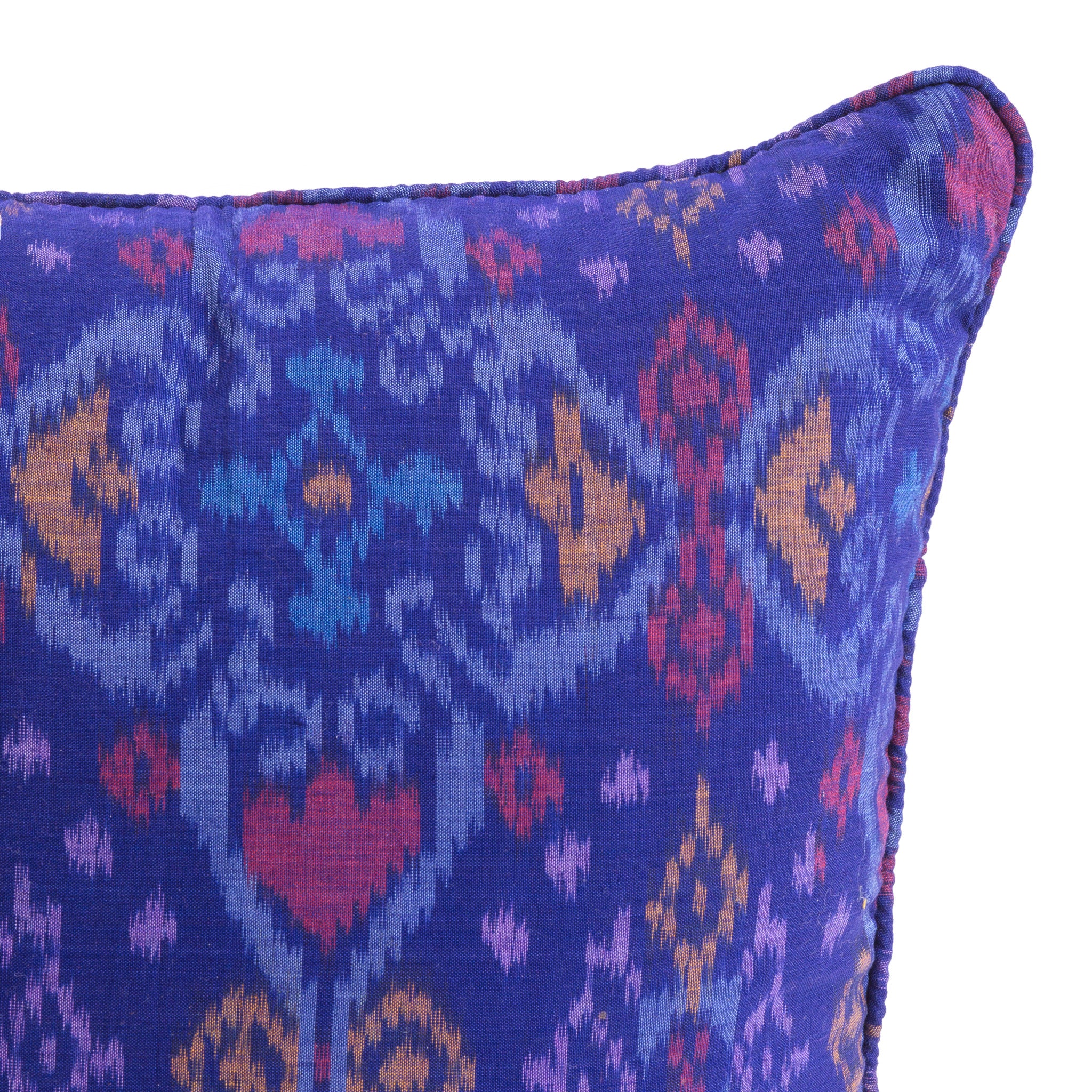 Royal Blue, Purple, Red and Peach Ikat Square Scatter Cushion from Bali, Indonesia - DETAIL