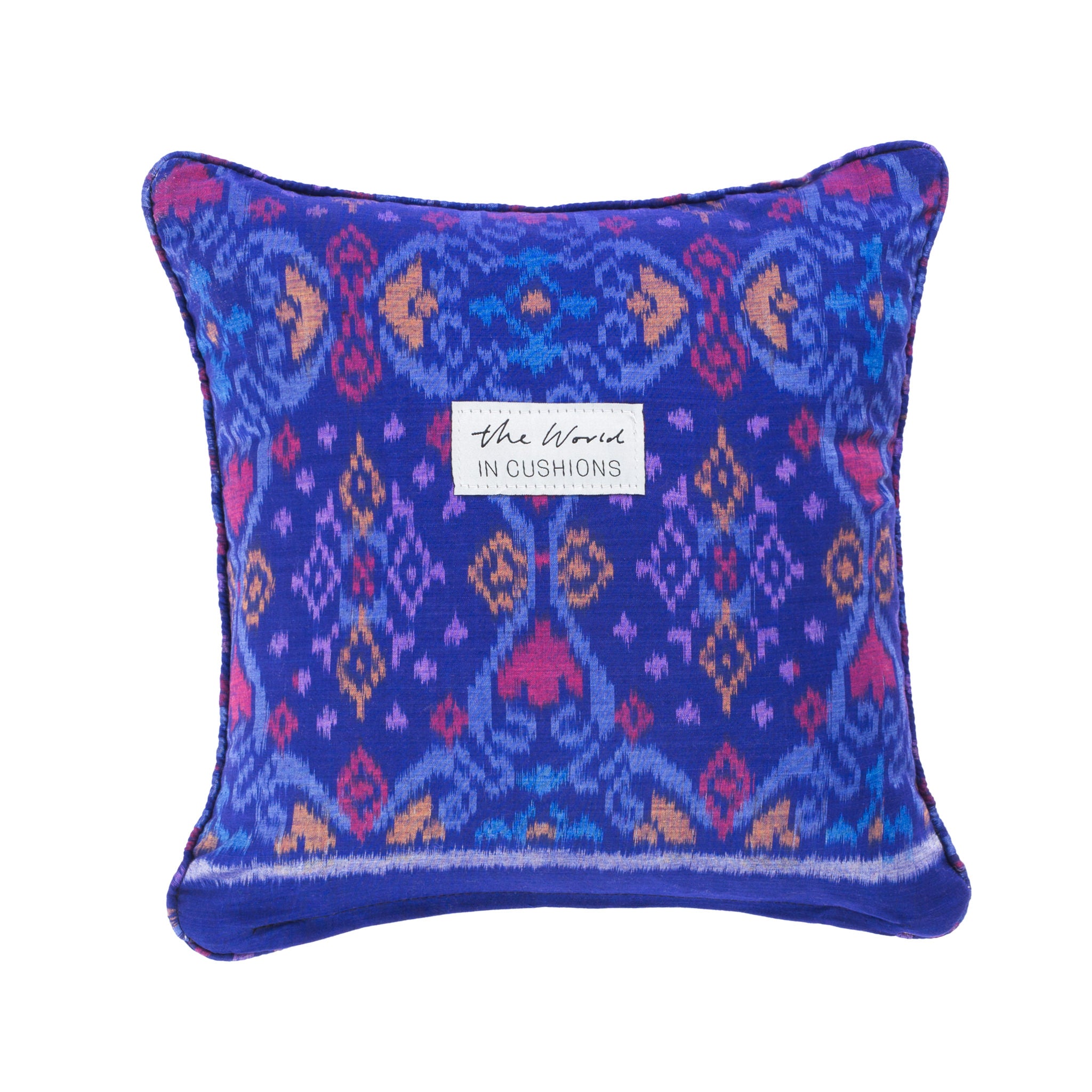 Royal Blue, Purple, Red and Peach Ikat Square Scatter Cushion from Bali, Indonesia - BACK