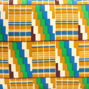 Mustard Yellow, Blue and Green Patterned Kente Cloth Rectangle Scatter Cushion from Ghana - DETAIL